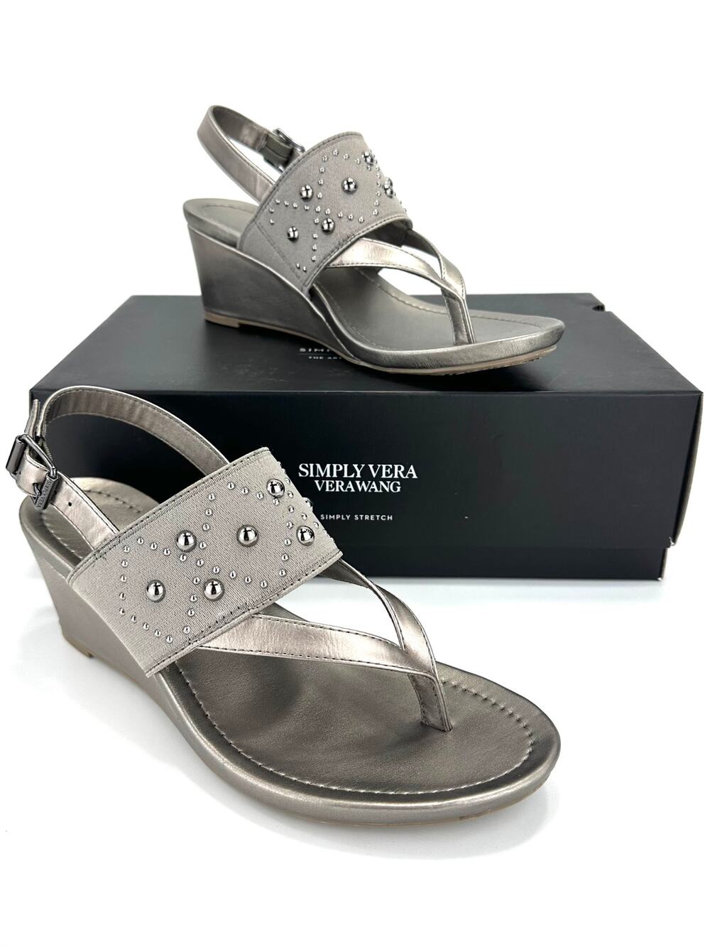 Simply Vera Davey Wedge Sandal Size 6.5M Pewter/Silver Metallic Sling-Back Comfy